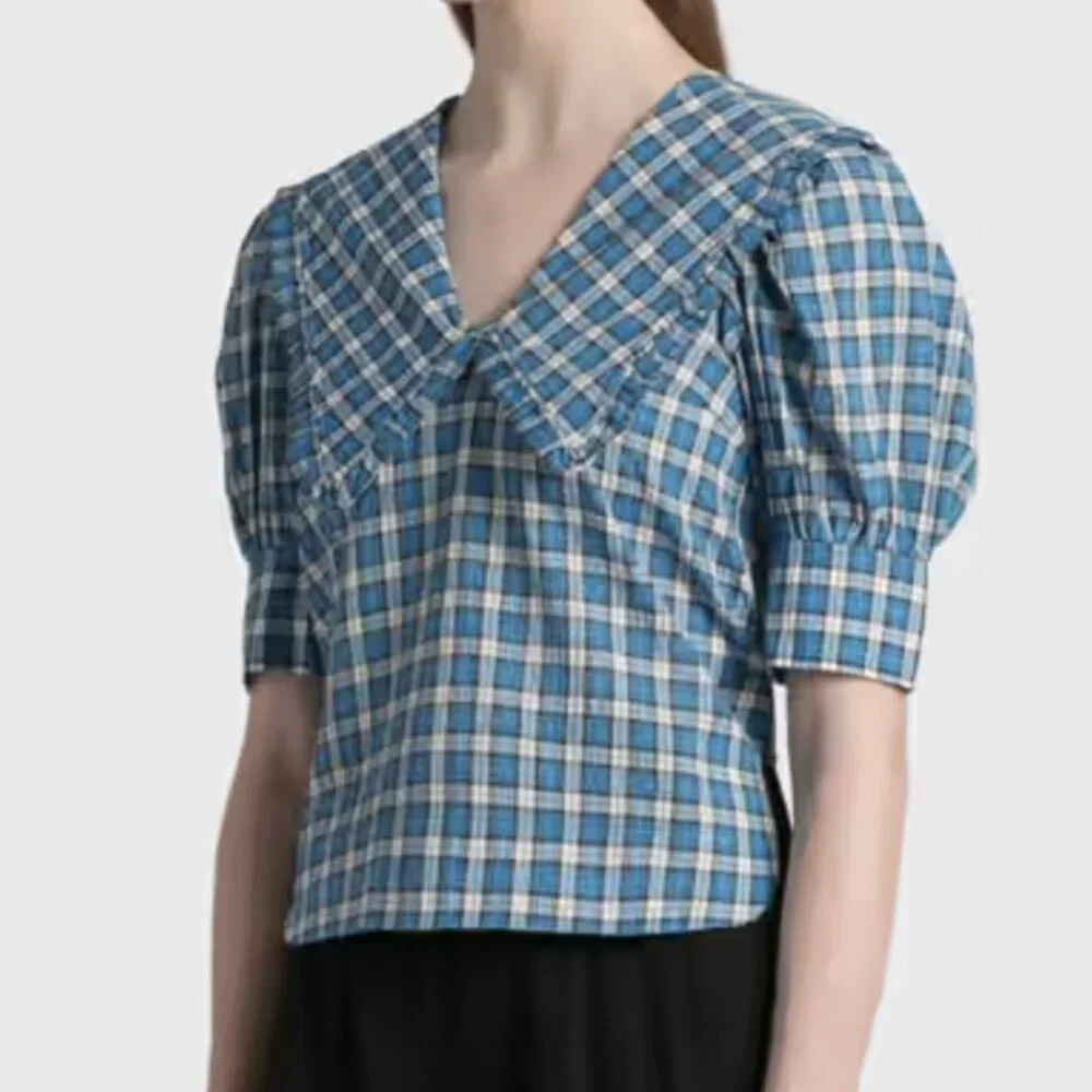 GANNI Seersucker Check V-Neck Ruffle Blouse in Azure Blue - Picture 3 of 14